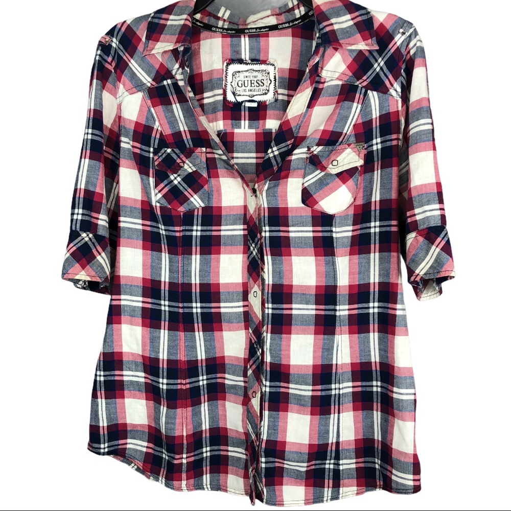 Guess Plaid Button-Down Shirt in Red, Navy & White